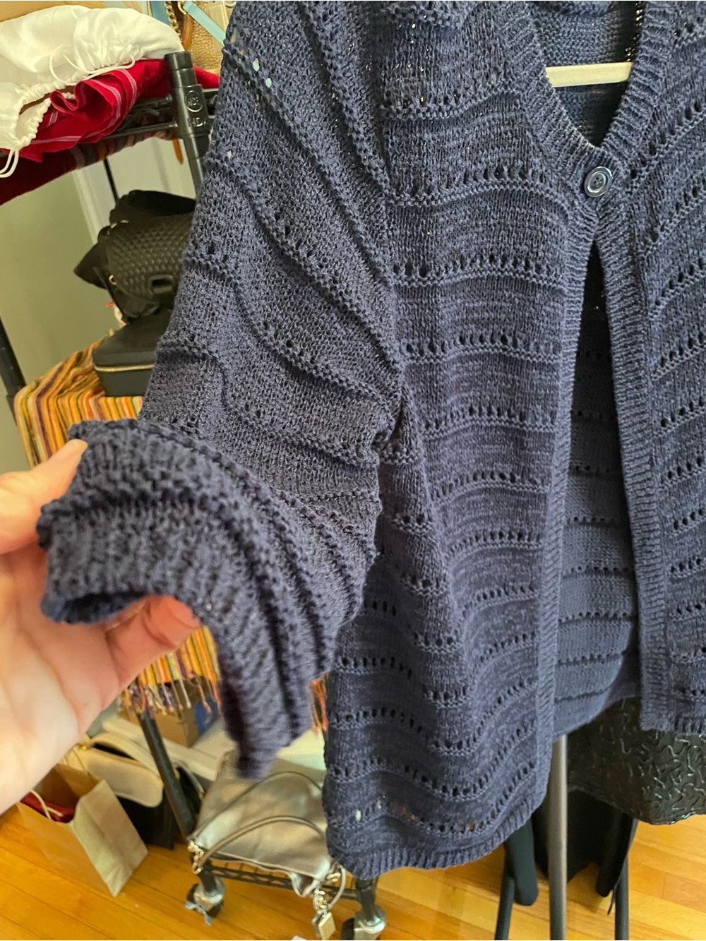 Navy Open Knit Cardigan Lightweight Button Front Sweater L - Picture 6 of 7
